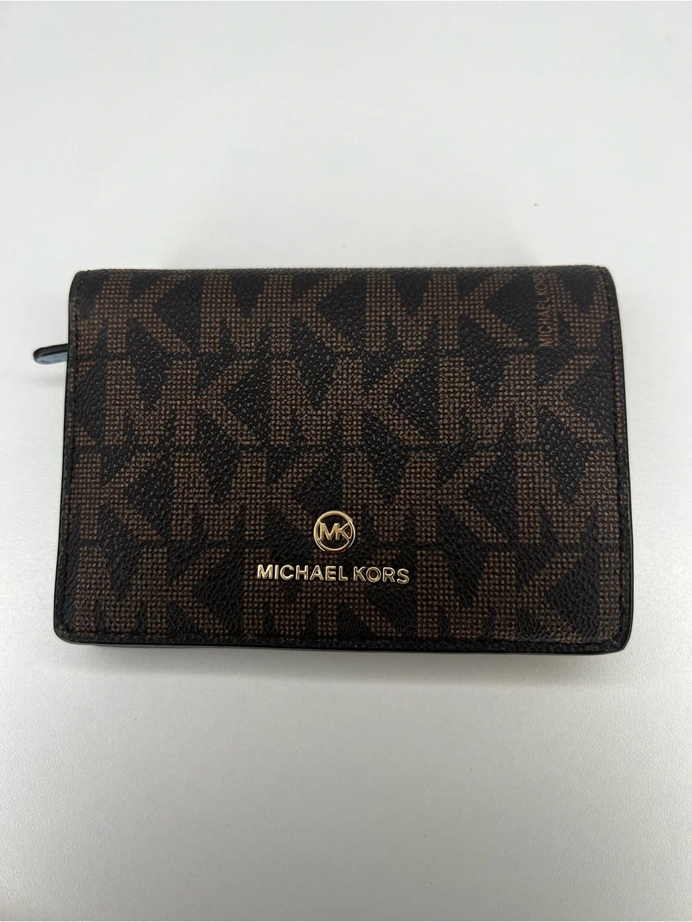 Michael Kors Jet Set Signature Brown MK PVC Bifold Wallet Gray Zip Coin EUC